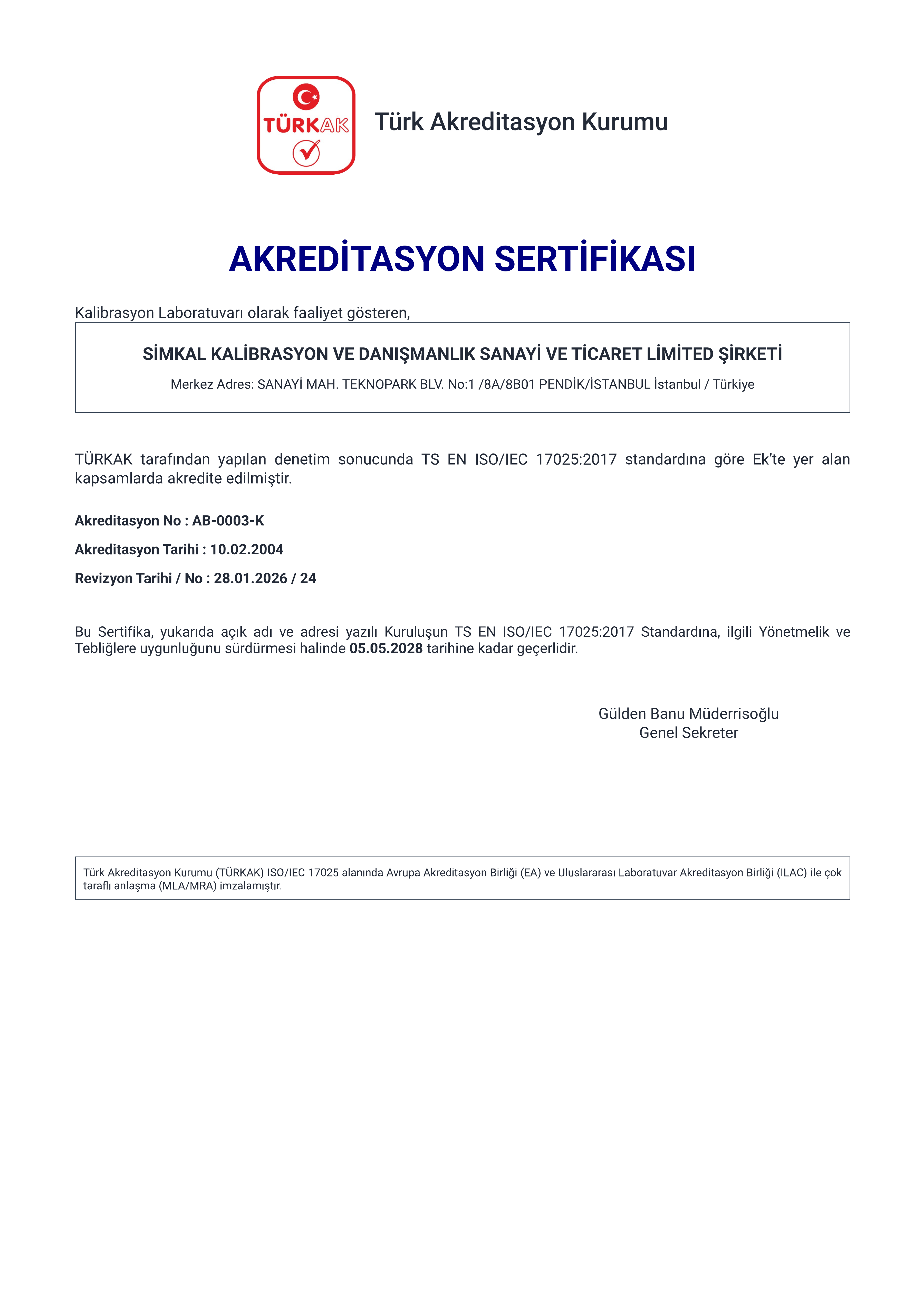 SİMKAL TÜRKAK Akreditasyon Sertifikası - AB-0003-K